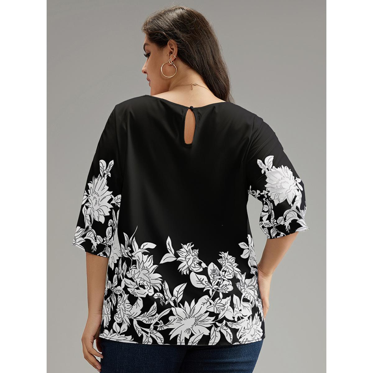 Plus Size Black Boho Print V Neck Cut Out Blouse Women Elegant Elbow-length sleeve V-neck Dailywear Blouses BloomChic 30/6X Product Image