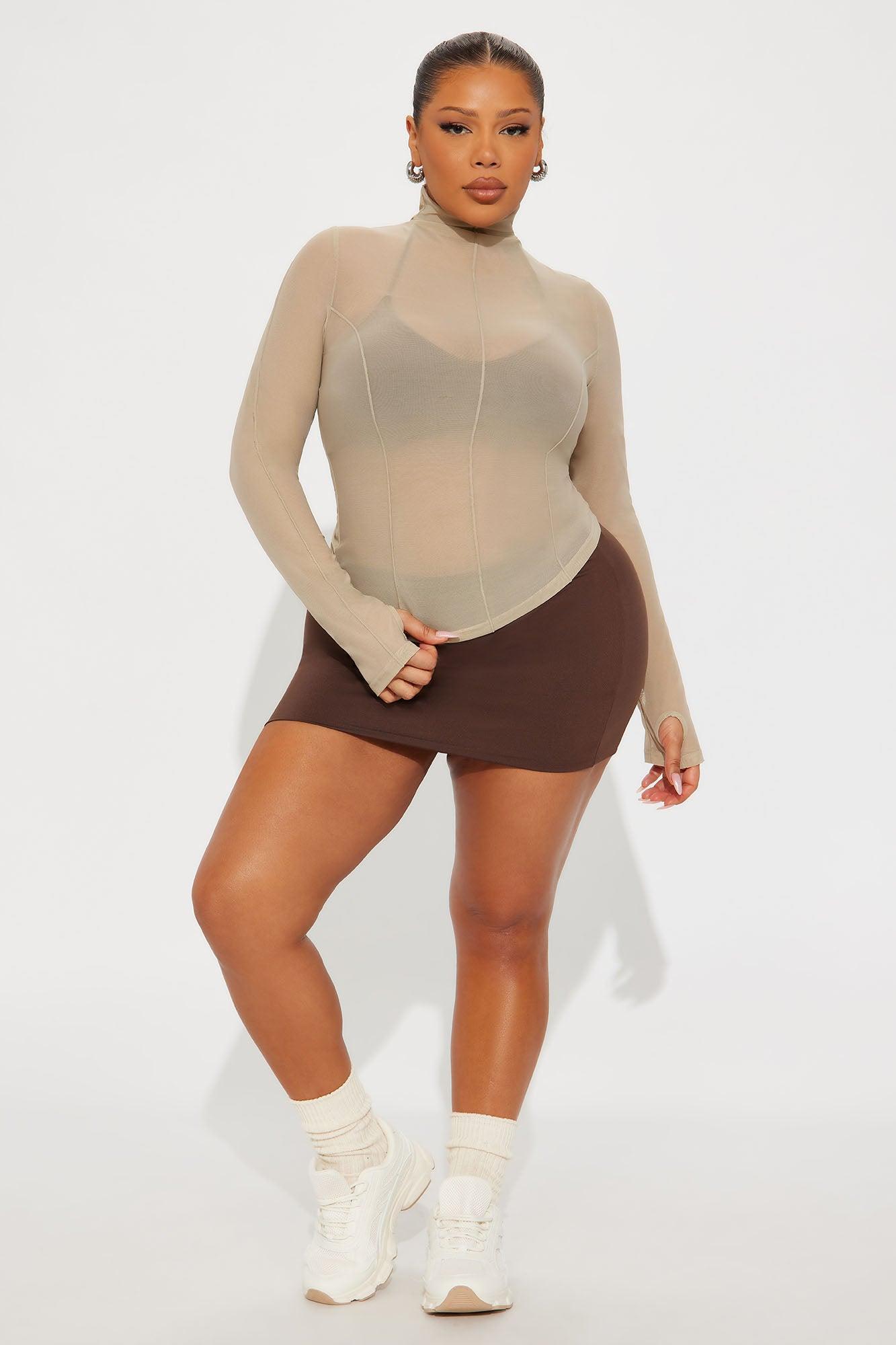 Power Mesh Mock Neck Long Sleeve Top - Stone Female Product Image