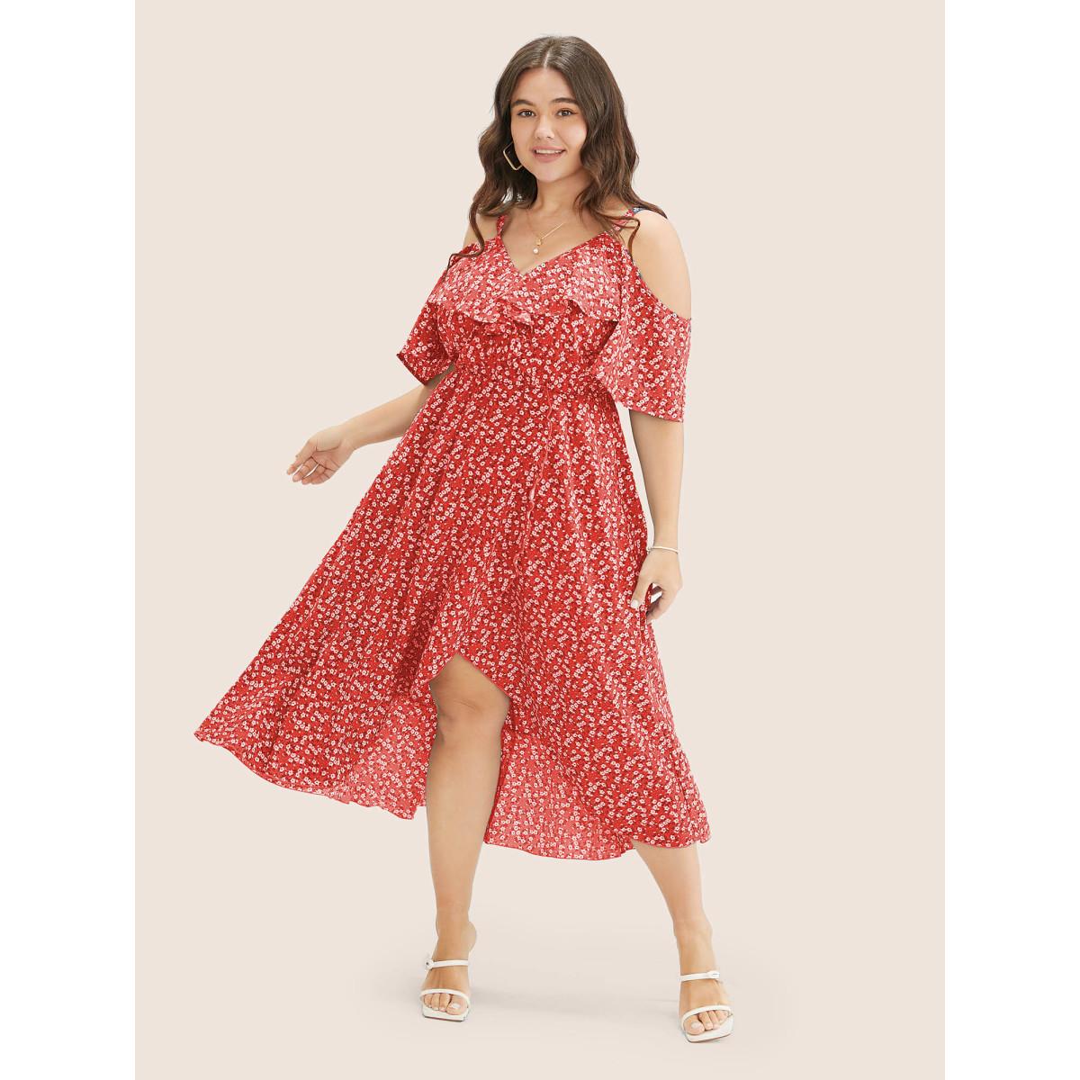 Plus Size Ditsy Floral Pocket Wrap Cold Shoulder Ruffle Dress Red Women Romantic Non Overlap Collar Short sleeve Curvy Midi Dress BloomChic 28/5X Product Image