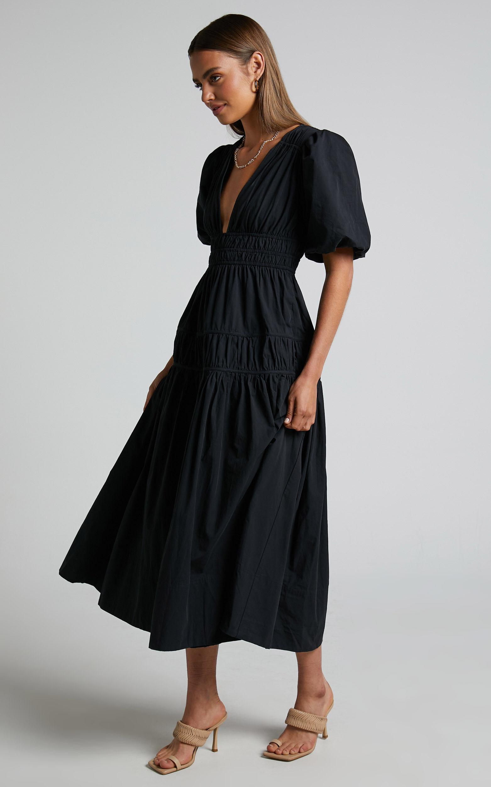 Mellie Midi Dress - Puff Sleeve Plunge Tiered Dress in Black Product Image