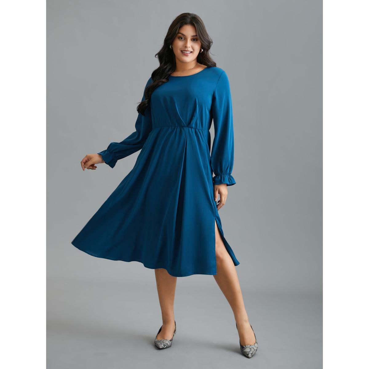 Plus Size Ruffle Cuff Elastic Waist Split Hem Dress Aegean Women At the Office Pleated Round Neck Long Sleeve Curvy BloomChic 18-20/2X Product Image