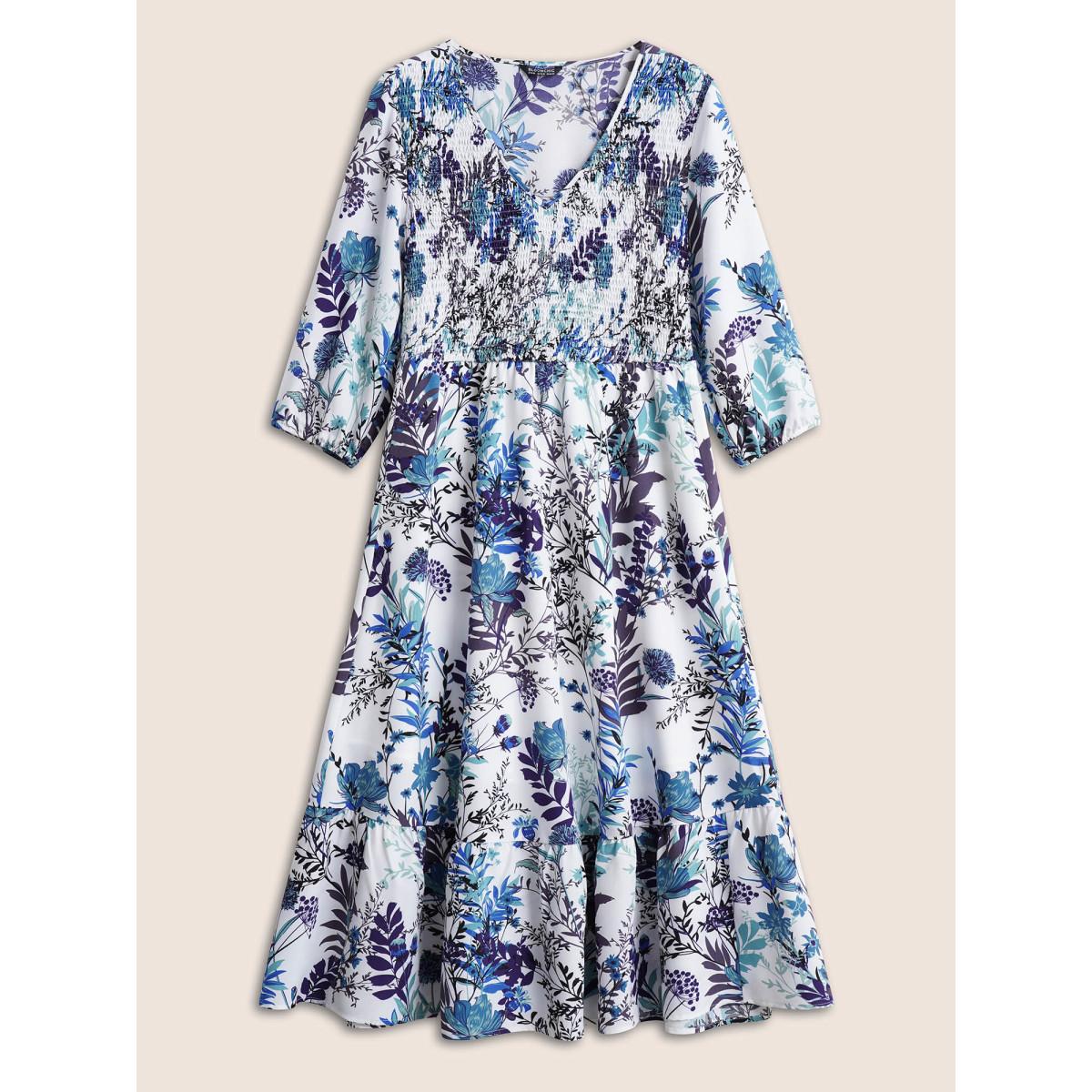 Plus Size Plants Print Shirred Elastic Waist Gathered Dress White Women Elegant Non V-neck Elbow-length sleeve Curvy Midi Dress BloomChic 18-20/2X Product Image