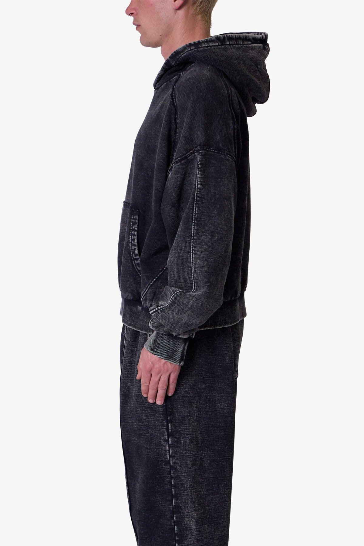 Frayed Seam Acid Wash Hoodie - Black Product Image