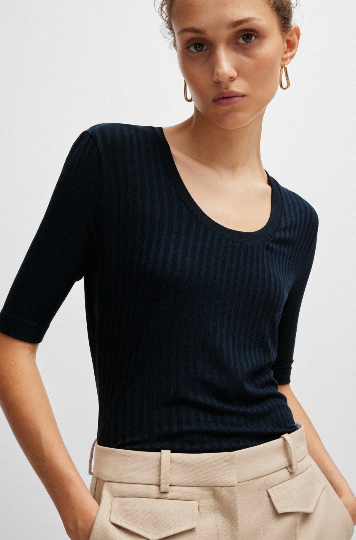 BOSS - Scoop-neck top in stretch fabric - Dark Blue Product Image