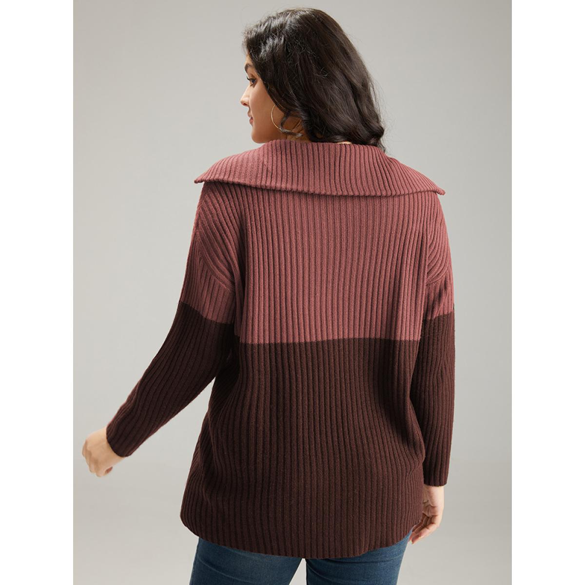 Plus Size Colorblock Contrast Half Zip Lapel Collar Pullover Rust Women Casual Loose Long Sleeve Lapel Collar Dailywear Pullovers BloomChic 28/5X Product Image