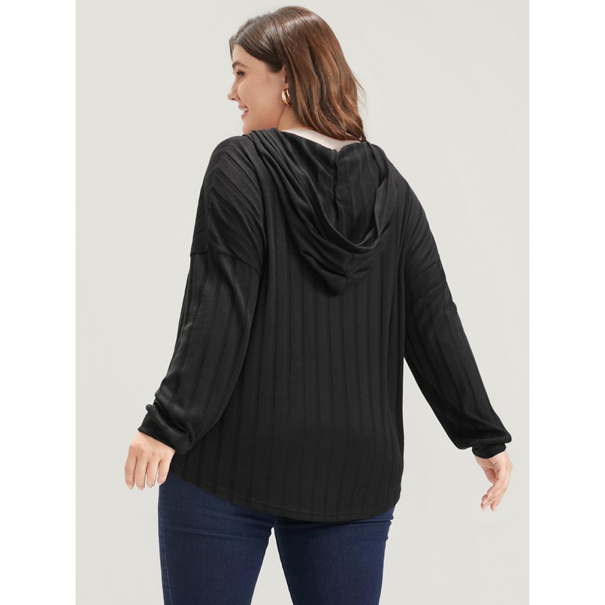 Plus Size Solid Button Rib Knit Arc Hem Hooded Sweatshirt Women Black Elegant Arc Hem Hooded Dailywear Sweatshirts BloomChic 28/5X Product Image