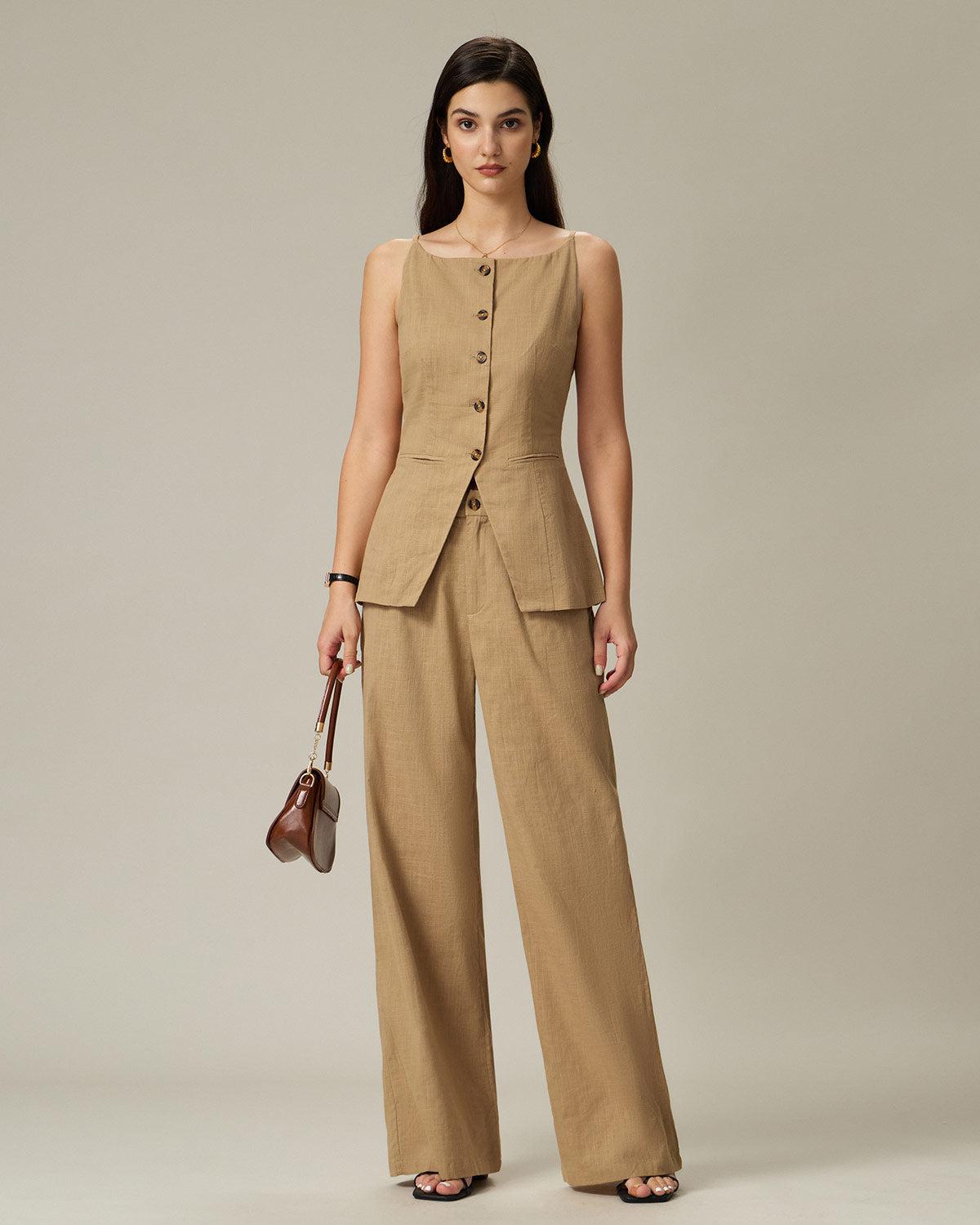 Brown Elastic Waist Pocket Straight Pants Product Image