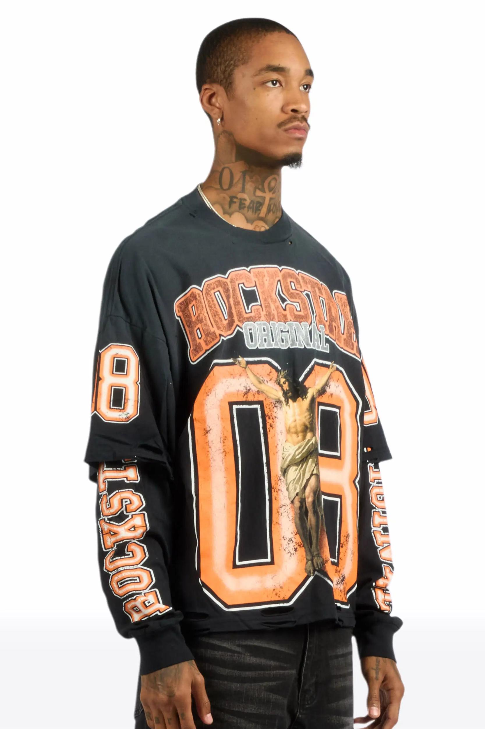 Fields Black/Orange Double Layer Long Sleeve Graphic T-Shirt Male Product Image