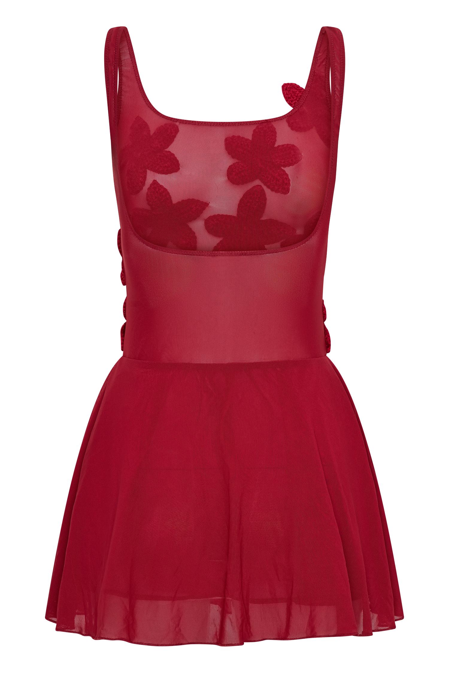 Melanie Mesh Mini Dress With Flowers - Ruby Product Image