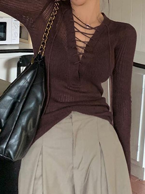 Solid V Neck Lace Up Long Sleeve Knit Product Image