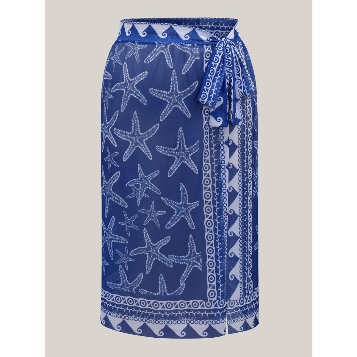 Plus Size Two-Piece Ocean Print Swimsuit Women's Swimwear Mediumblue Resort Tie knot Curve Bathing Suits High stretch One Pieces BloomChic 30/6X Product Image