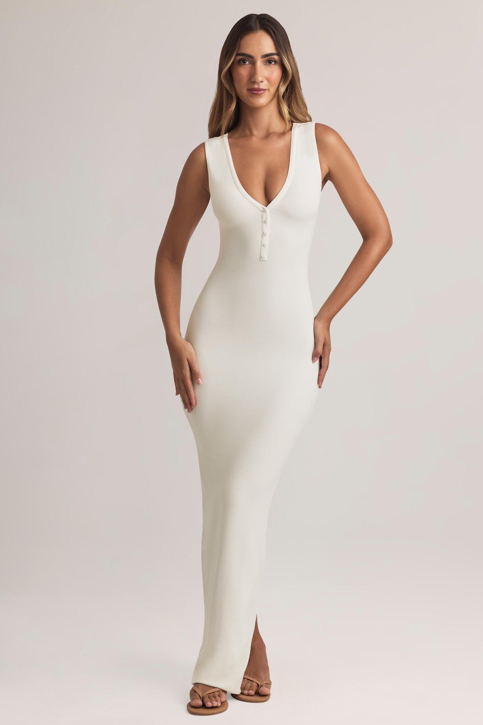Modal Button-Detail Maxi Dress in White Product Image