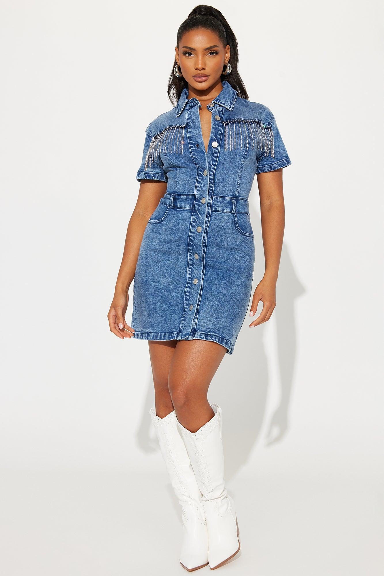 Kourt Embellished Mini Dress - Dark Wash Product Image