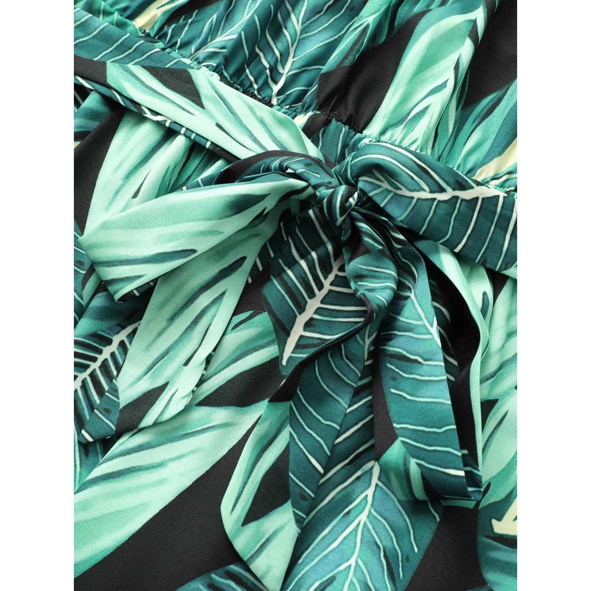 Plus Size Tropical Print Knotted Pocket Ruffles Belted Halter Dress Black Women Resort Non Halter neck Sleeveless Curvy Midi Dress BloomChic 12/L Product Image