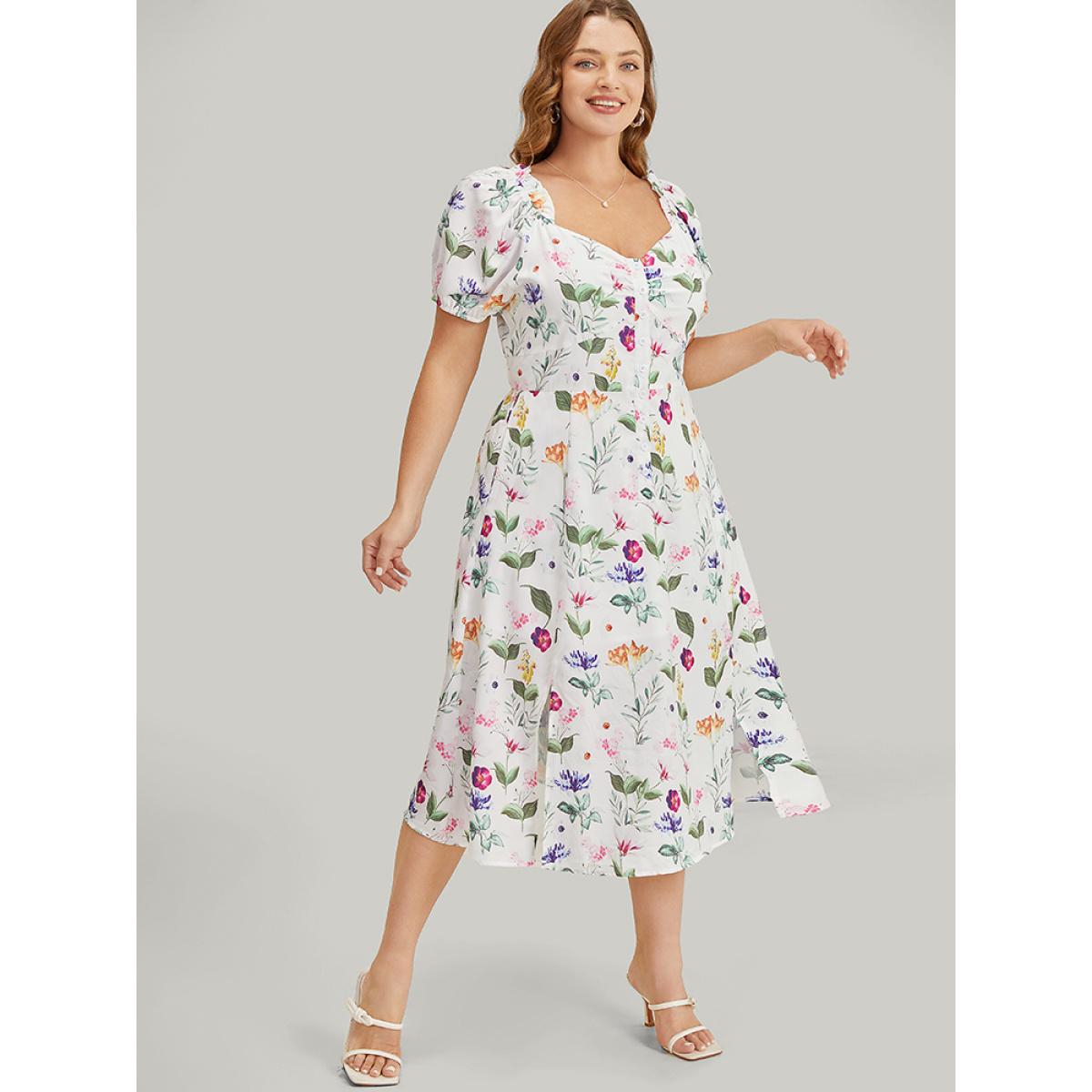 Plus Size Floral Split Hem Button Detail Pocket Ruched Puff Sleeve Dress Multicolor Women Elegant Ruched V-neck Short sleeve Curvy Midi Dress BloomChic 28/5X Product Image