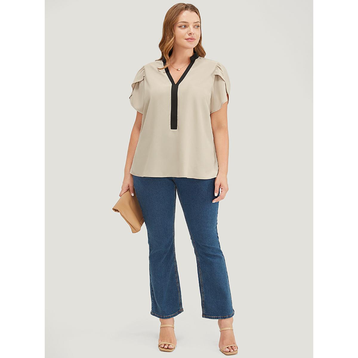 Plus Size Champagne Plain Contrast Trim Split Petal Sleeve Blouse Women Office Short sleeve Stand-up collar Dailywear Blouses BloomChic 10/M Product Image