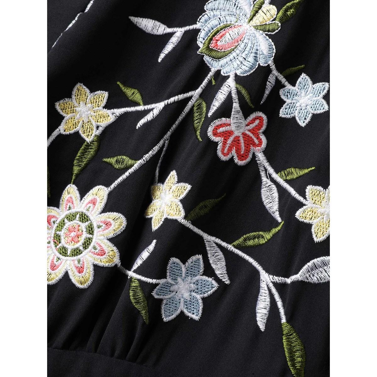 Plus Size Floral Embroidered V-Neck Pockets Knee Dress Black Women Boho V-neck Elbow-length sleeve Curvy BloomChic 18-20/2X Product Image