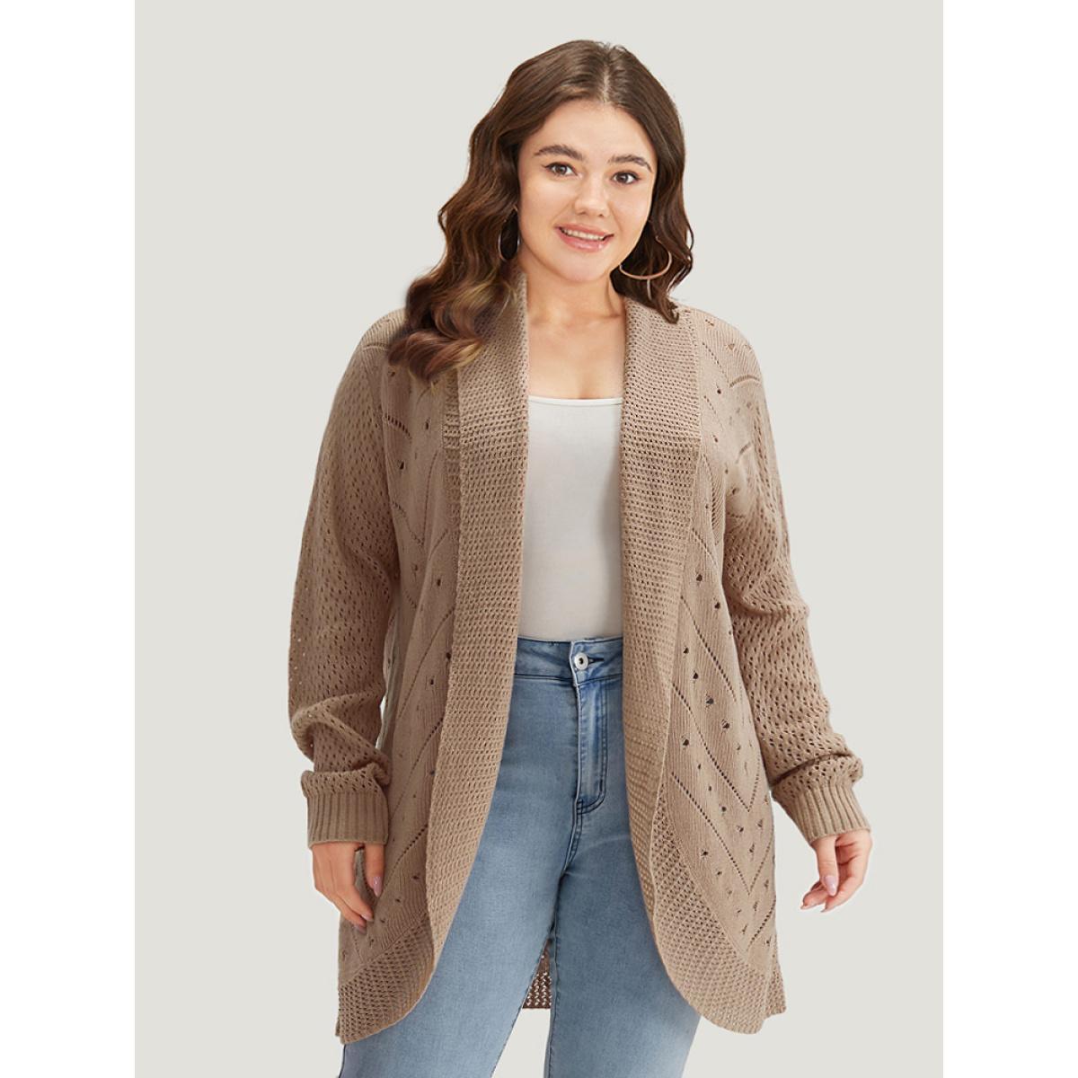 Plus Size Lapel Collar Geometric Eyelet Drop Shoulder Cardigan Rouge Women Casual Loose Long Sleeve Dailywear Cardigans BloomChic 22-24/3X Product Image