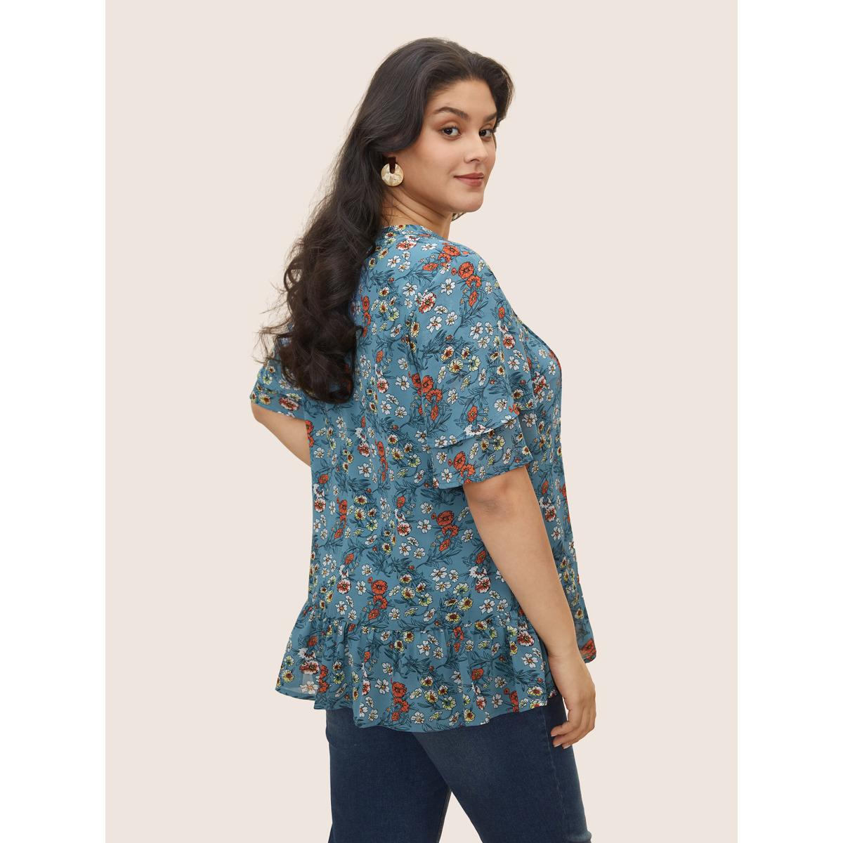 Plus Size Cerulean Floral Tucked Seam Notched Collar Blouse Women Elegant Short sleeve Notched collar Everyday Blouses BloomChic 14-16/1X Product Image