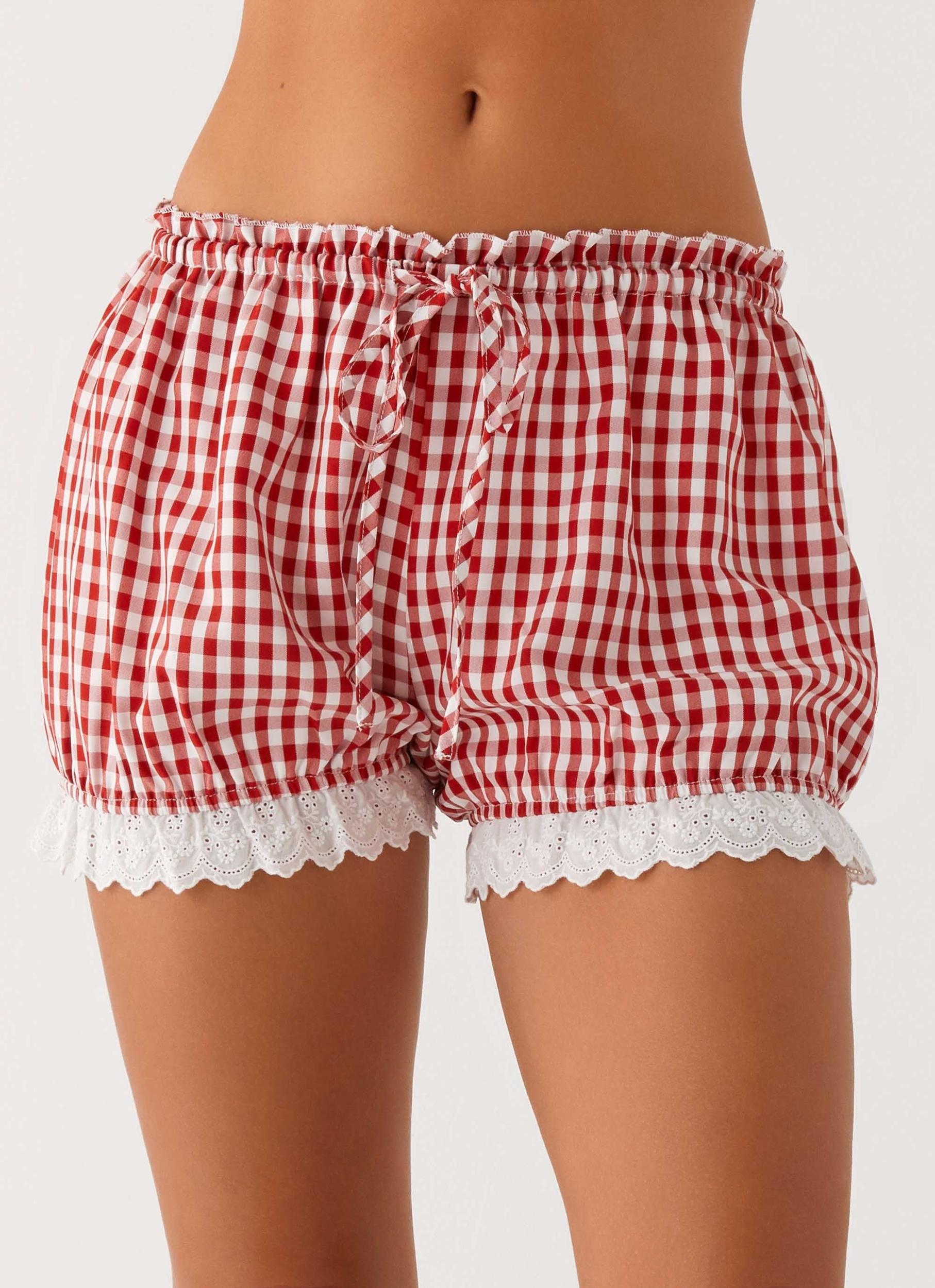 Weston Lace Trim Shorts - Red Gingham Product Image