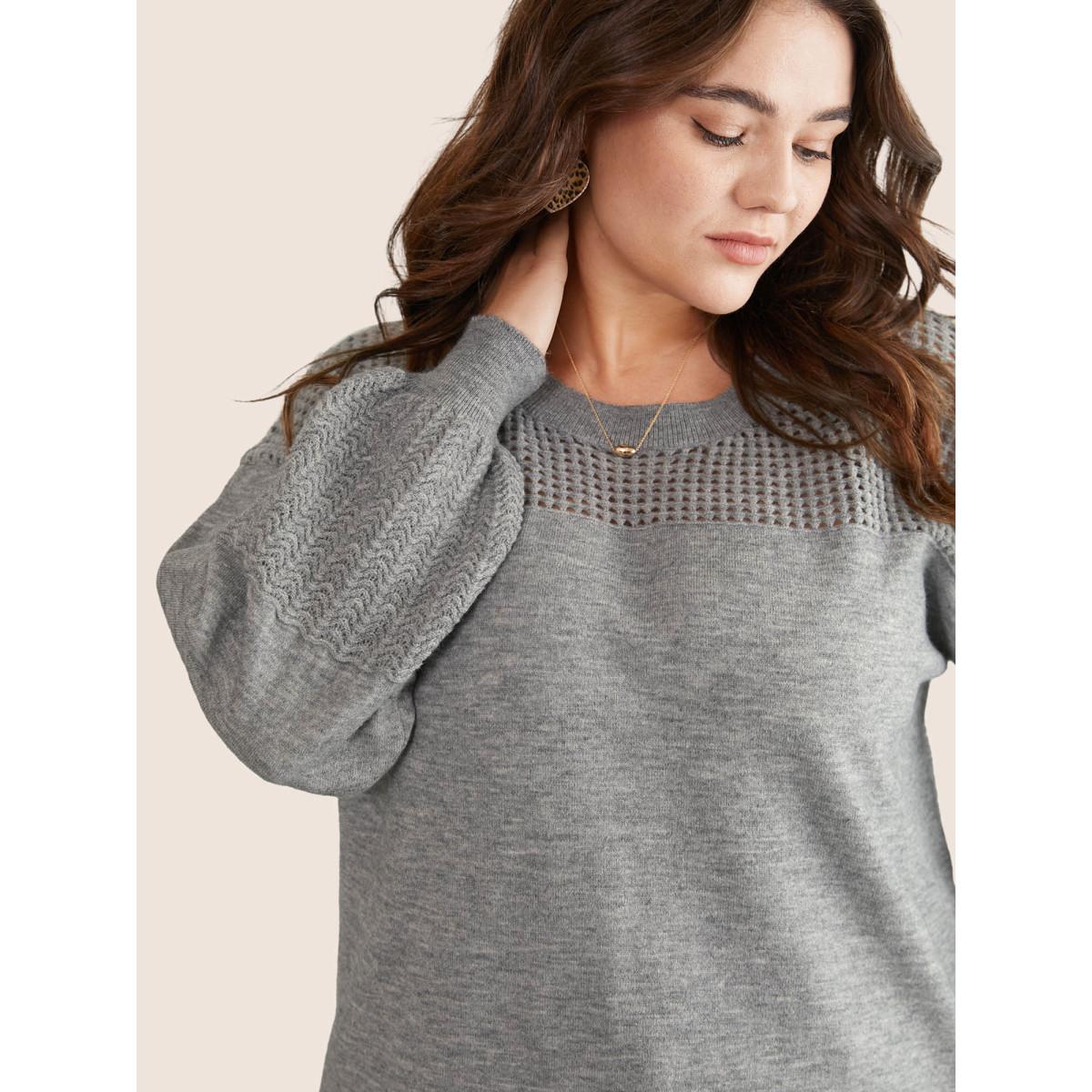 Plus Size Supersoft Essentials Plain Hollow Out Puff Sleeve Pullover Gray Women Casual Loose Long Sleeve Round Neck Dailywear Pullovers BloomChic 12/L Product Image