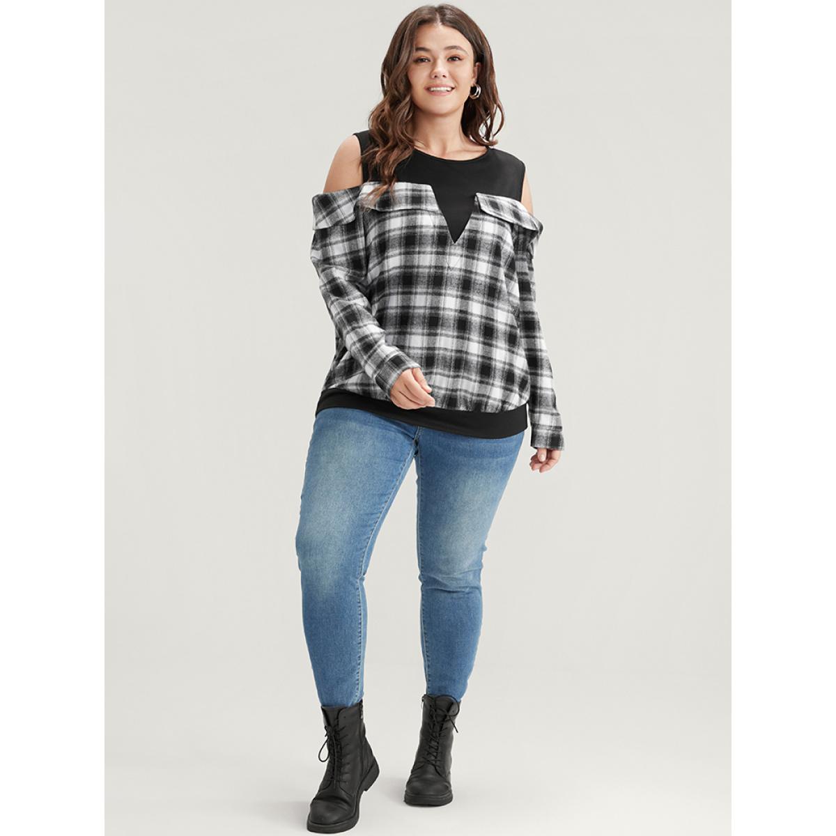 Plus Size Plaid Patchwork Cold Shoulder Sweatshirt Women Black Elegant Patchwork Cold Shoulder Dailywear Sweatshirts BloomChic 18-20/2X Product Image