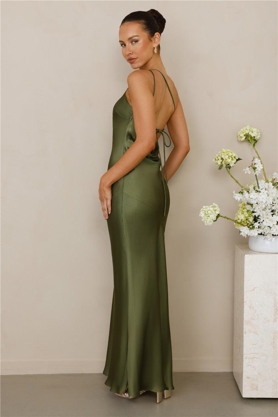 The Evangeline One Shoulder Satin Maxi Dress Olive Product Image