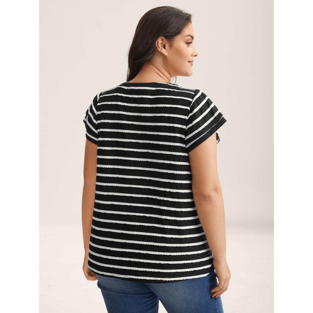 Plus Size Stripe Textured Lotus Leaf Sleeve T-Shirt Black Women Texture Round Neck Everyday-Casual T-shirts BloomChic 22-24/3X Product Image