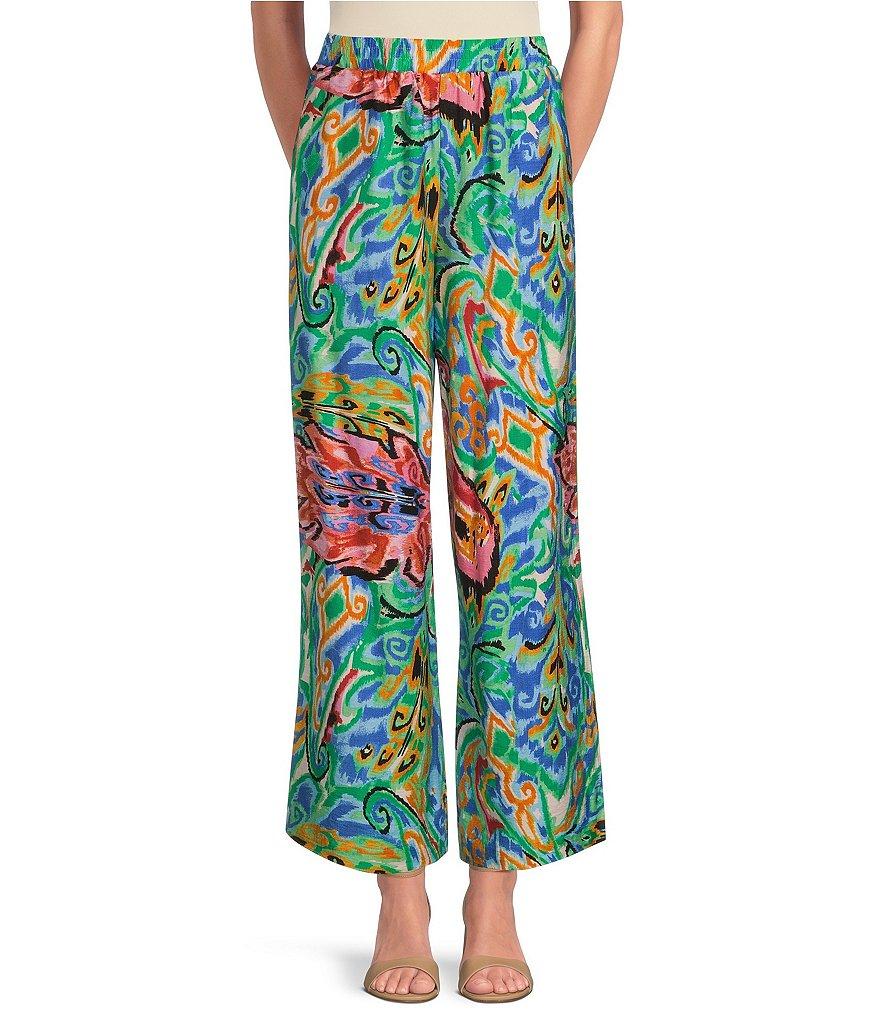 Calessa Coordinating Abstract Mosaic Print Point Collar Long Sleeve Tie-Front Blouse Product Image