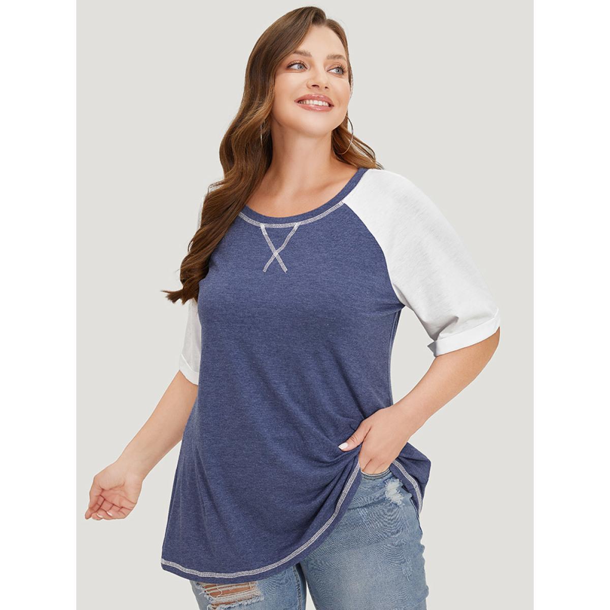 Plus Size Supersoft Essentials Two Tone Stitch Roll Raglan Sleeve T-shirt DarkBlue Women Casual Contrast Colorblock Round Neck Dailywear T-shirts BloomChic 14-16/1X Product Image