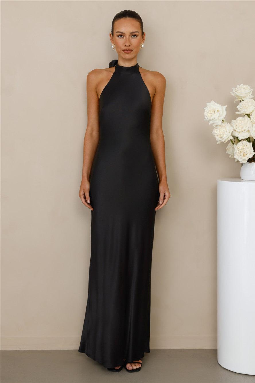 The Cleo Halter Satin Maxi Dress Black Product Image