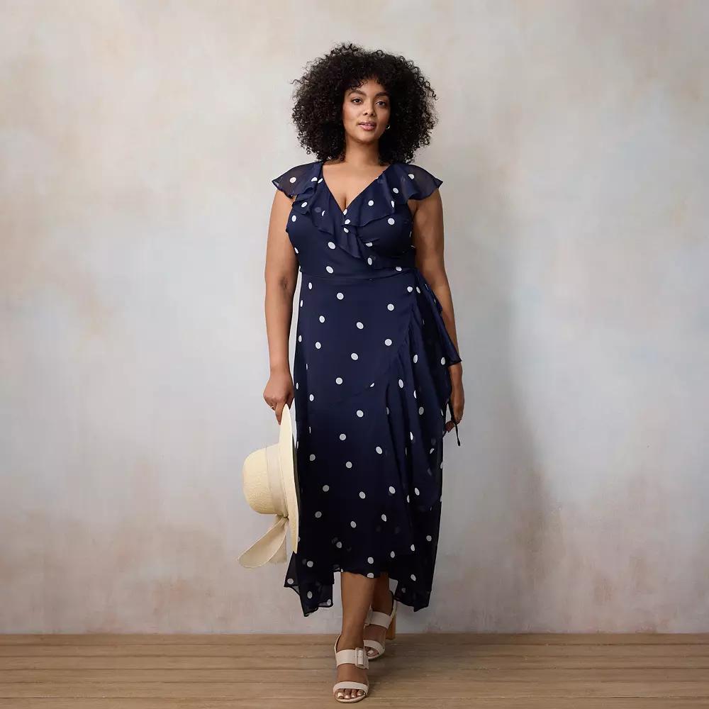 Plus Size LC Lauren Conrad Flutter Sleeve Wrap Maxi Dress, Women's, Size: 1XL, Blue Audrey Dot Product Image
