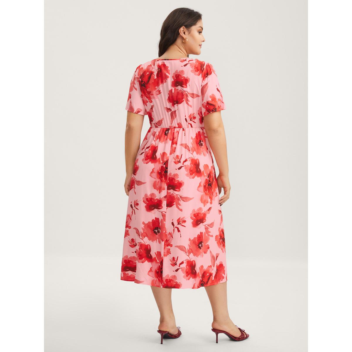 Plus Size Rayon Romantic Floral Print Drawstring Midi Dress Lightpink Women Heart neckline Short sleeve Curvy BloomChic 14-16/1X Product Image
