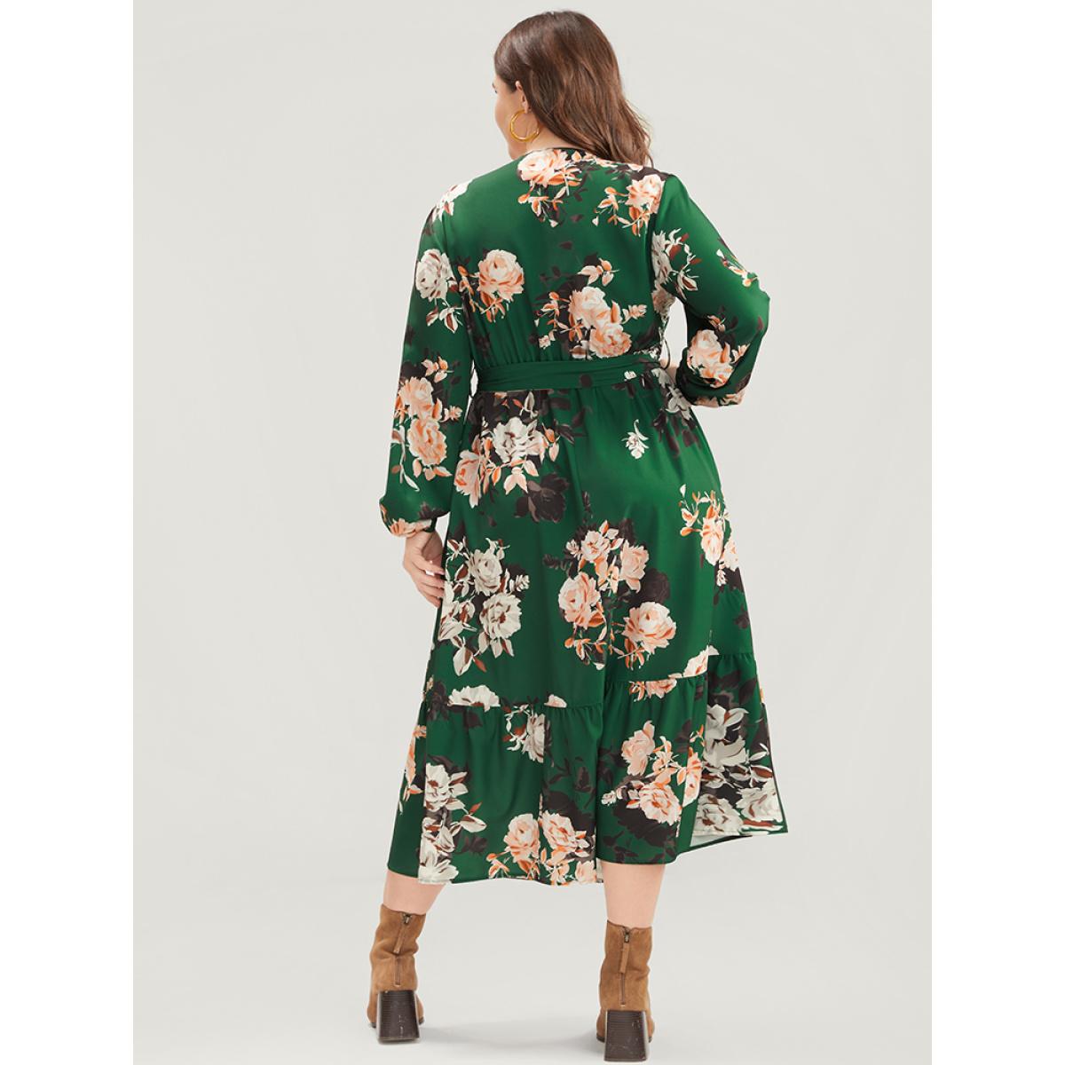 Plus Size Floral Print Lantern Sleeve Button Detail Pocket Belted Dress Moss Women Elegant Elastic Waist V-neck Long Sleeve Curvy Midi Dress BloomChic 12/L Product Image