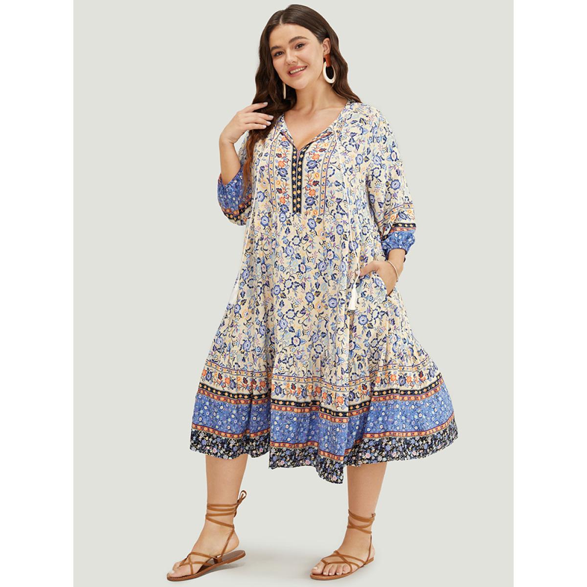 Plus Size Bandana Tassels Ties Neck Pocket Ruffle Hem Dress Apricot Women Vacation Tassels Tie Neck Elbow-length sleeve Curvy Midi Dress BloomChic 26/4X Product Image
