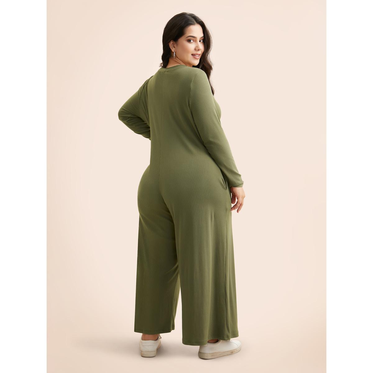 Plus Size ArmyGreen Supersoft Essentials Front Placket Onesie Women Casual Long Sleeve Round Neck Everyday Loose Jumpsuits BloomChic 14-16/1X Product Image
