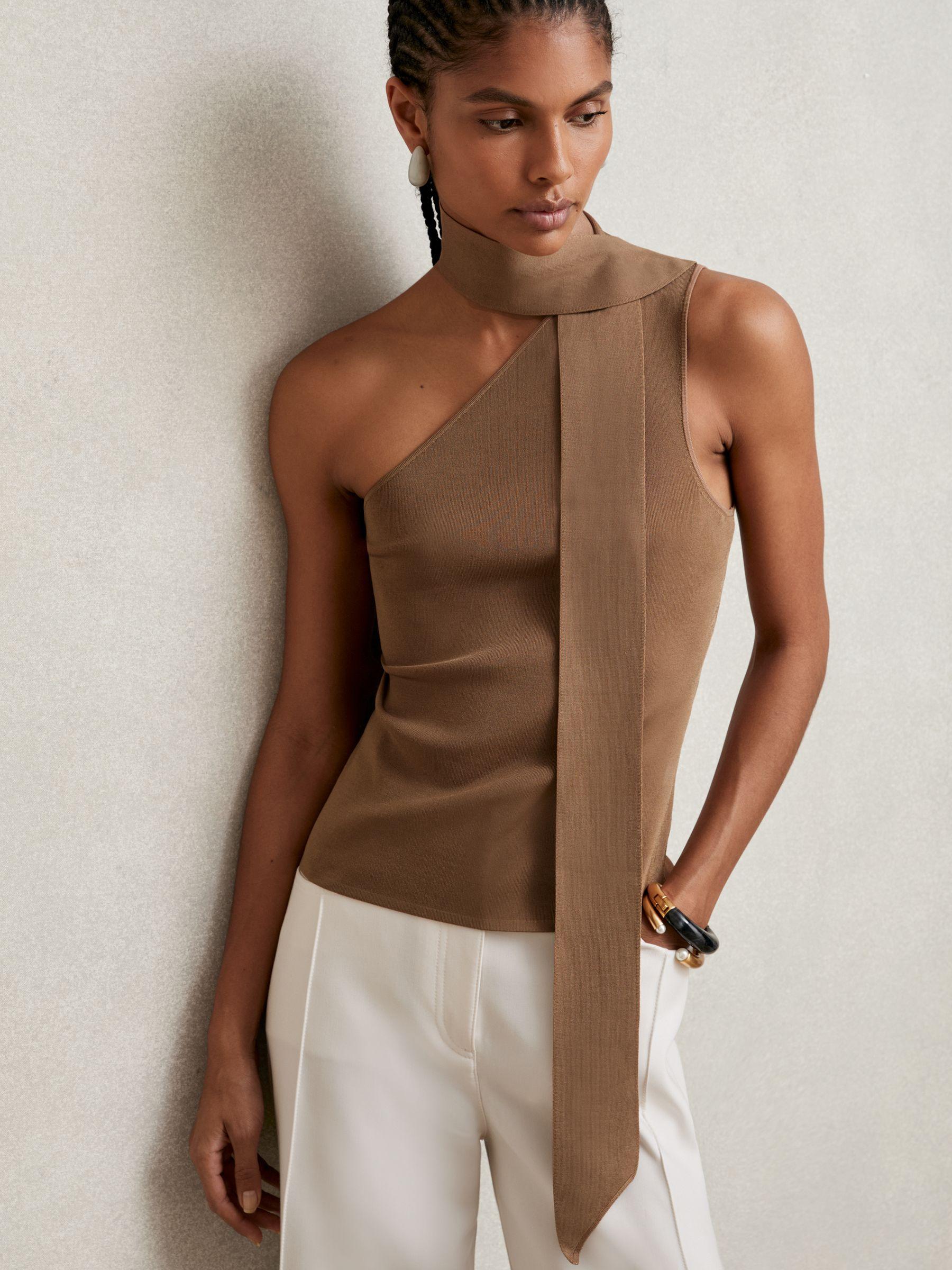 One Shoulder Scarf Top in Taupe Neutral Product Image