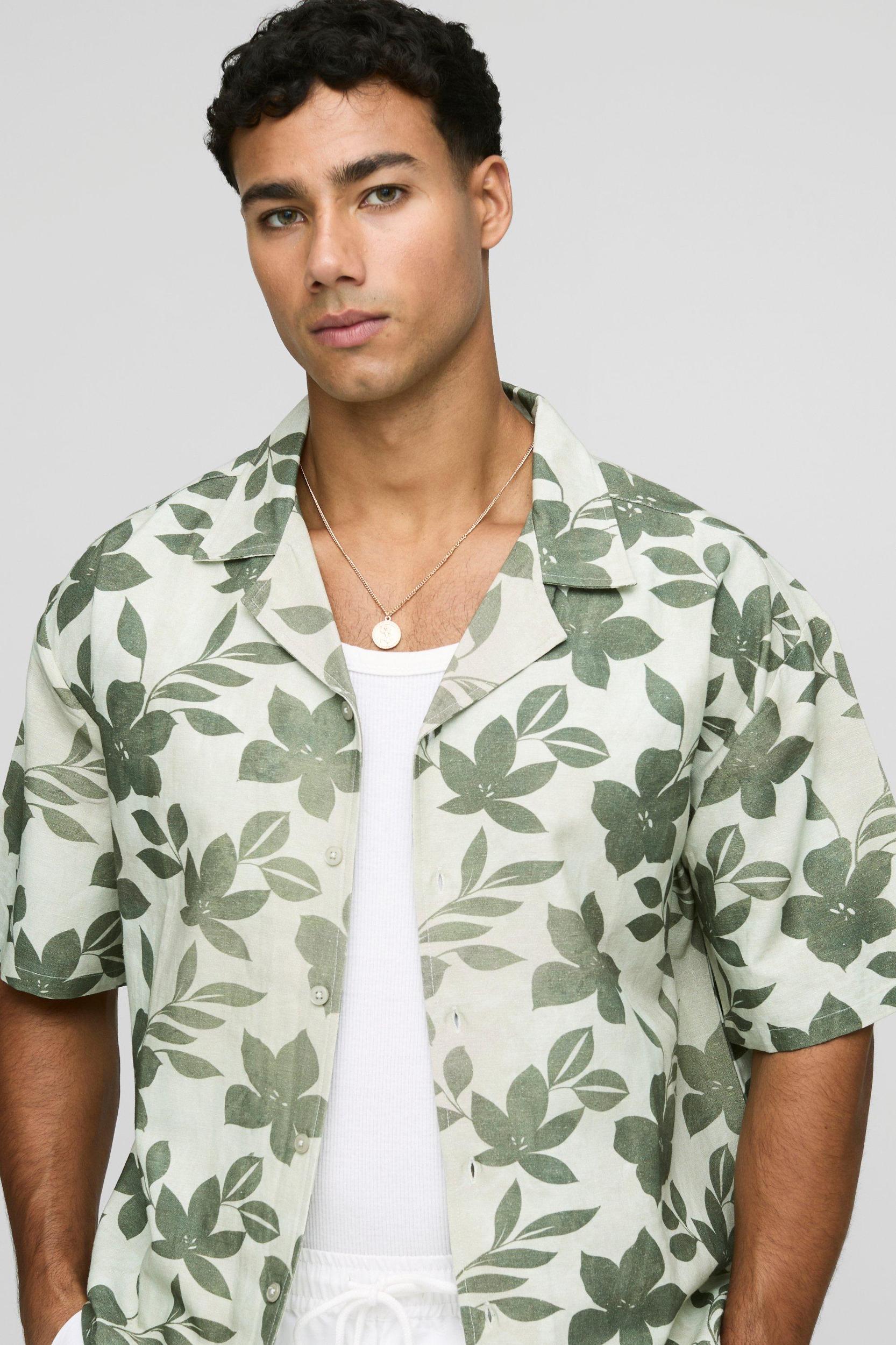 Oversized Floral Print Linen Blend Shirt | boohooMAN USA Product Image