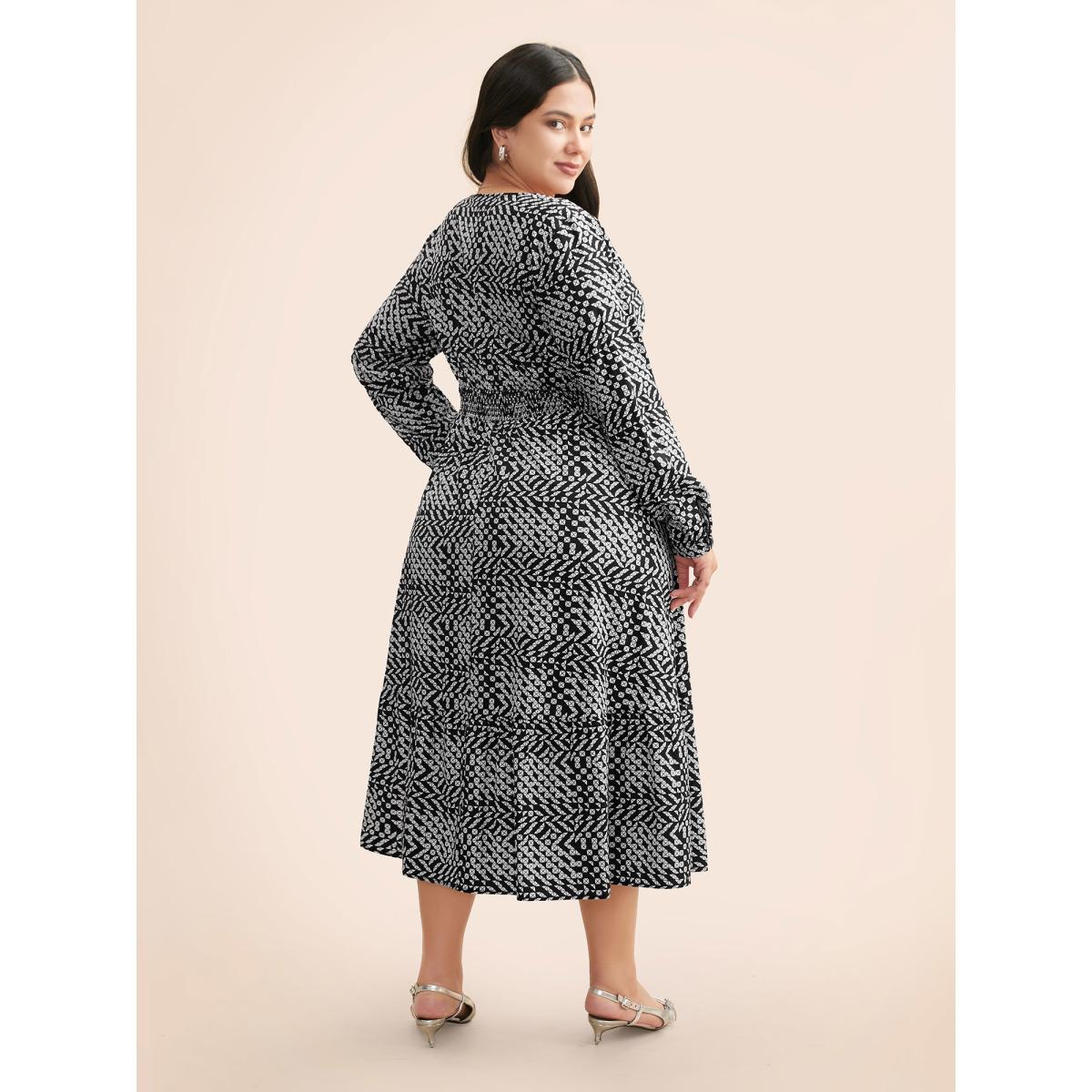 Plus Size Geometric Notched Lantern Sleeve Midi Dress BlackFlower Women At the Office Shirred Flat collar with V-notch Long Sleeve Curvy BloomChic 30/6X Product Image