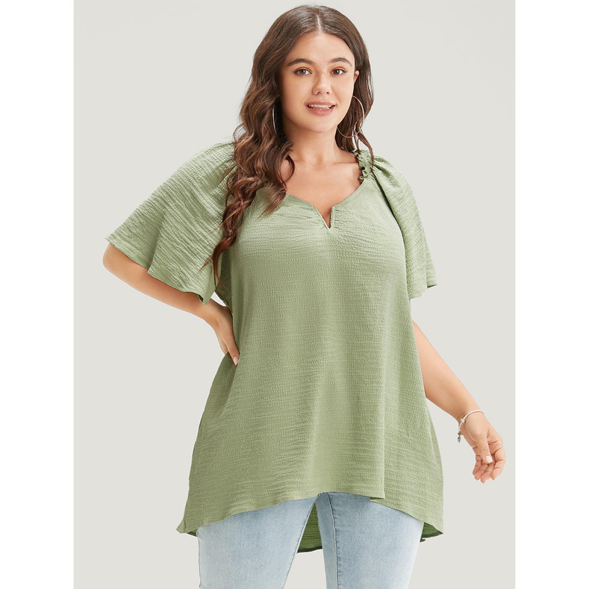 Plus Size Green Plain Notched High Low Hem Ruffle Sleeve Frill Trim Blouse Women Elegant Short sleeve V-neck Dailywear Blouses BloomChic 14-16/1X Product Image
