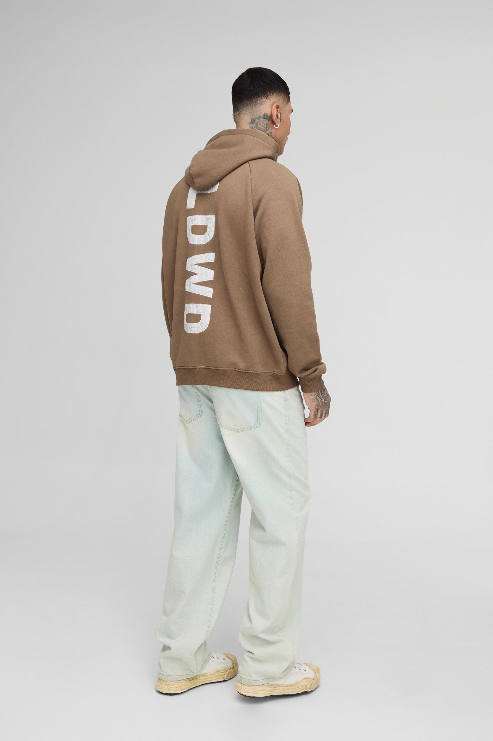 Tall Oversized Raglan Satin Applique WRLDWD Zip Thru Hoodie | boohooMAN USA Product Image