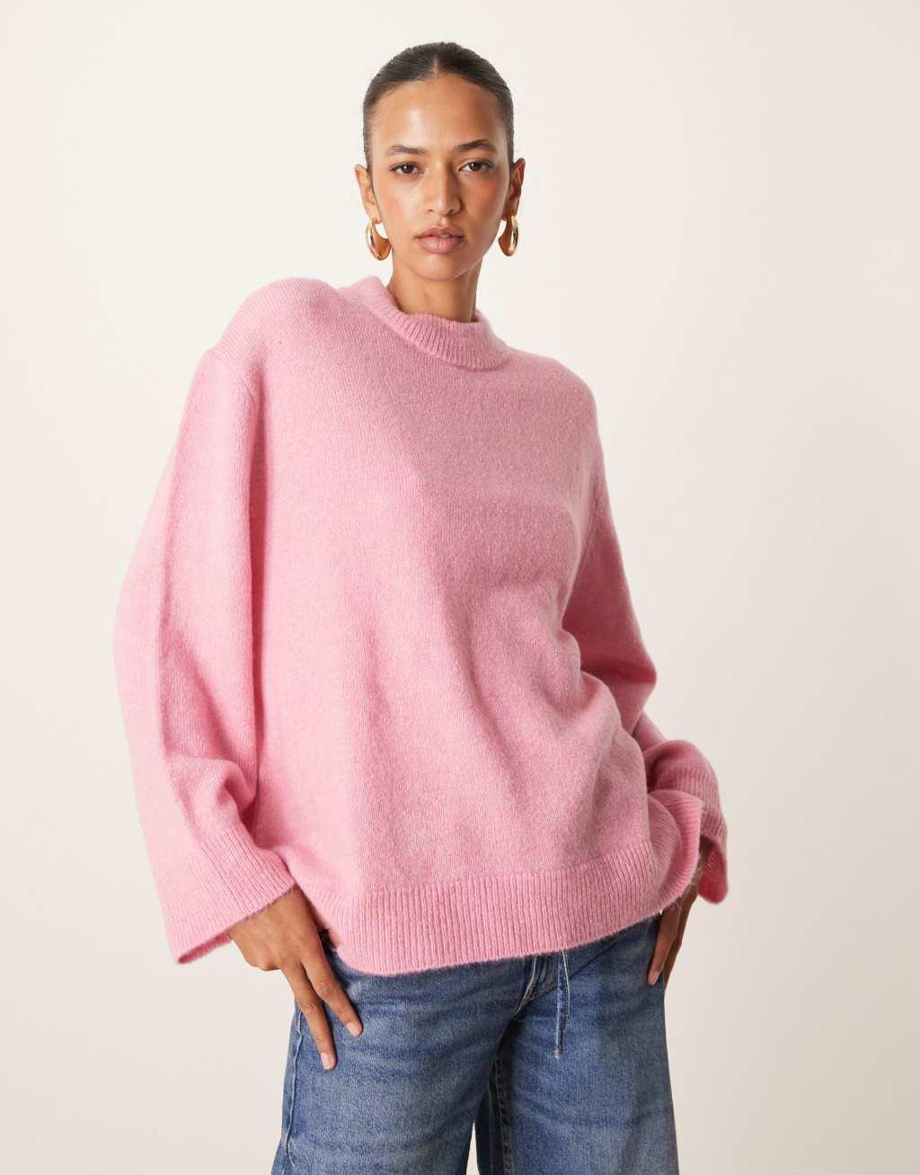 ASOS DESIGN oversized knitted crew neck sweater in soft pink Product Image