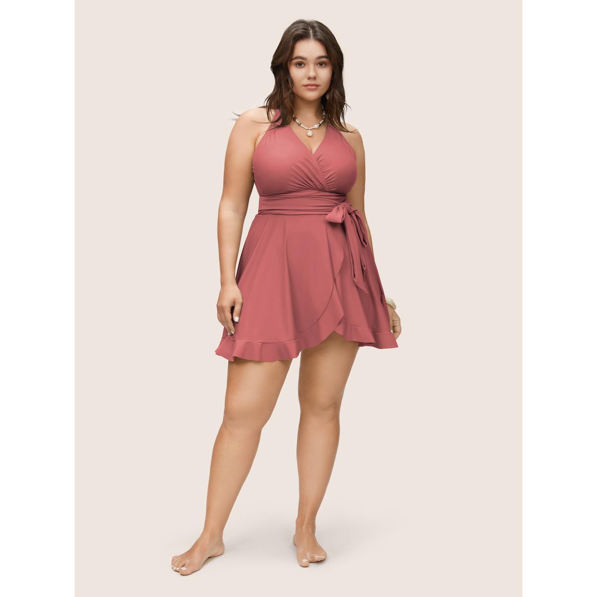Plus Size Plain Ties Wrap Flutters Swim Dress Women's Swimwear Crepe Resort Bodycon Overlap Collar High stretch Curve Swim Dresses BloomChic 26/4X Product Image