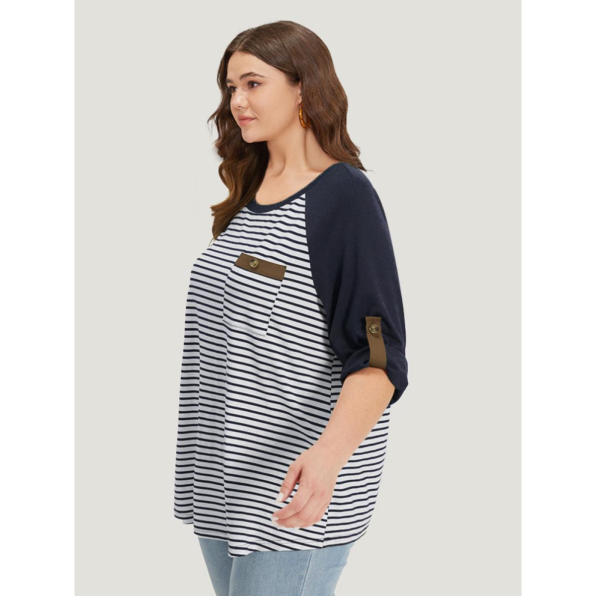 Plus Size Striped Patchwork Patched Pocket Raglan Sleeve T-shirt DarkBlue Women Casual Contrast Striped Round Neck Dailywear T-shirts BloomChic 18-20/2X Product Image