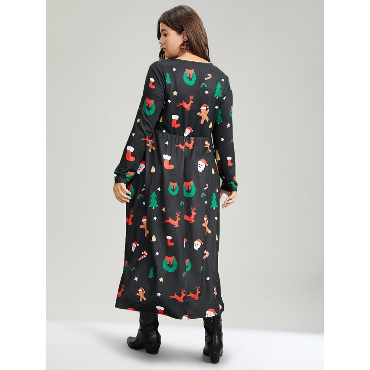 Plus Size Christmas Print Pocket Elastic Waist Dress Multicolor Women Casual Printed Round Neck Long Sleeve Curvy Midi Dress BloomChic 22-24/3X Product Image