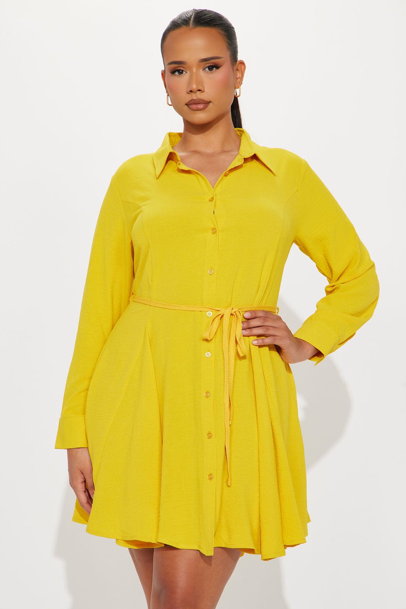 Gloria Tie Waist Mini Shirt Dress - Mustard Product Image