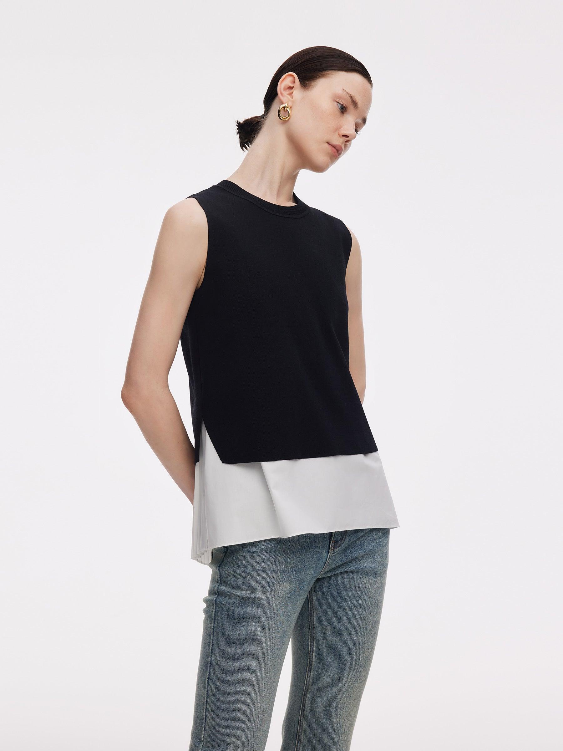 Lyocell Blend Knit Tank Top And Back Pleated Blouse Two-Piece Set Product Image