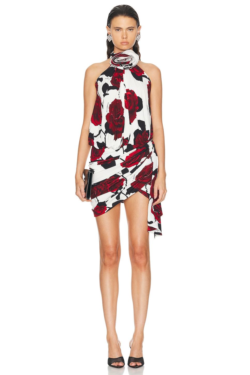 Halterneck Rose Print Draped Short Dress Product Image