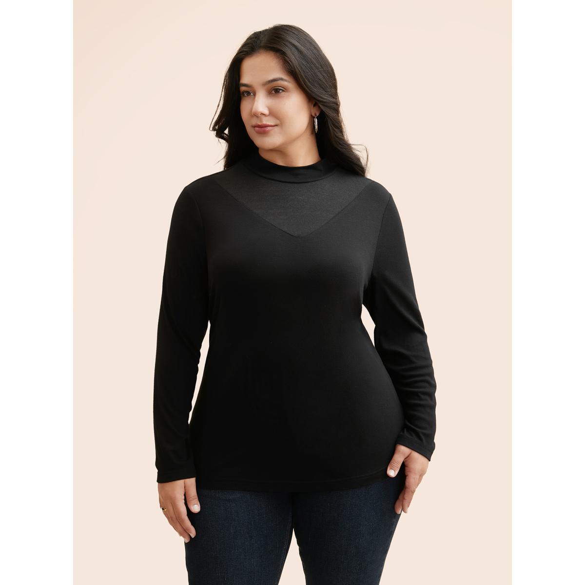 Plus Size Mock Neck Mesh Patchwork Stretchy T-shirt Black Women Casual See through Stand-up collar Everyday T-shirts BloomChic 22-24/3X Product Image