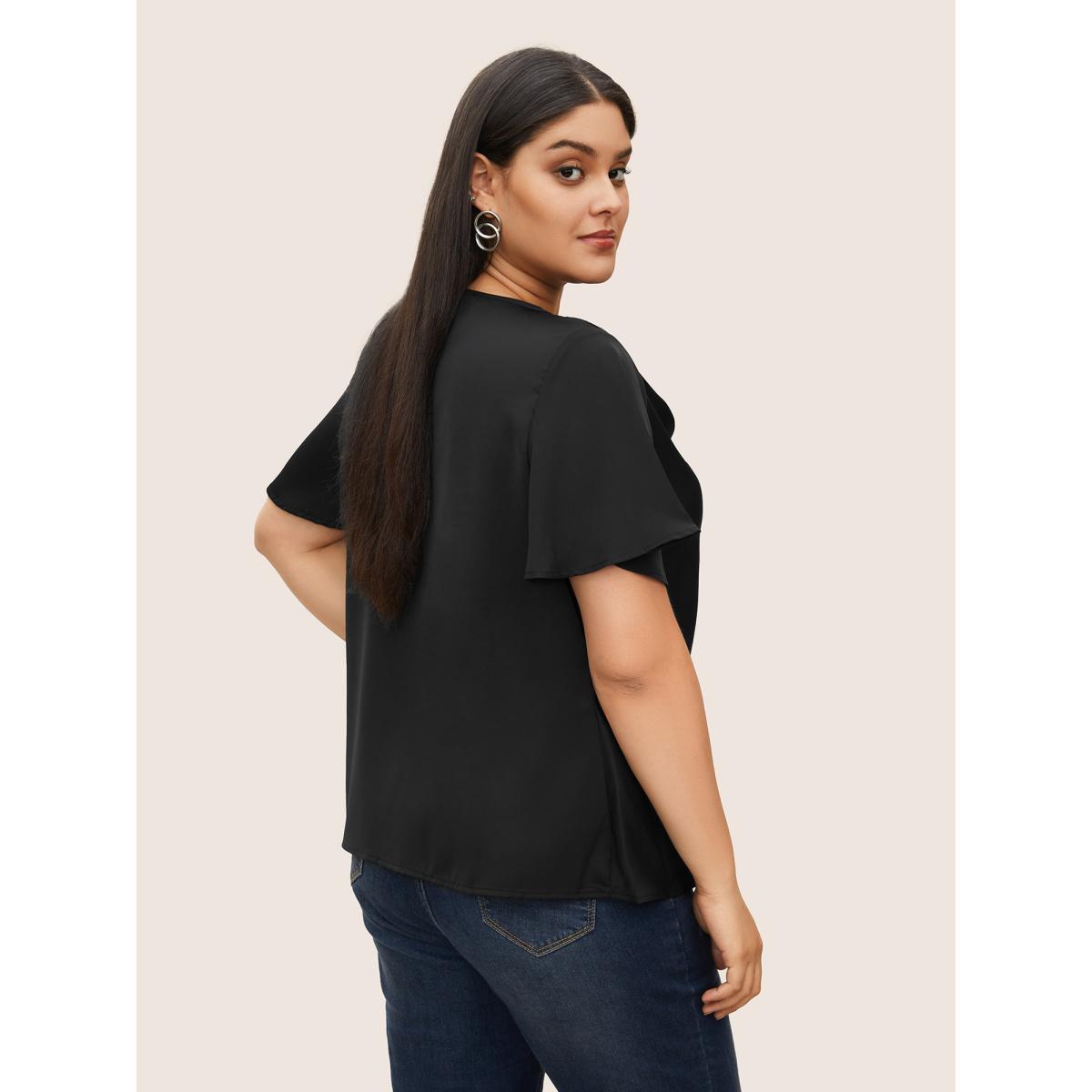 Plus Size Black Plain Cowl Neck Ruffle Sleeve Blouse Women Work From Home Short sleeve Cowl Neck Work Blouses BloomChic 28/5X Product Image